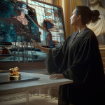 Schaffenshöhe - das Gesetz bestimmt sie.... Oder doch nicht? Ein KI-Bild von Eva Leopoldi. Zu sehen ist eine Richterin in einer Robe, die vor einem Monitor steht und sich das Bild darauf ansieht, das eine Künstlerin zeigt, die an einem digitalen Gemälde arbeitet.